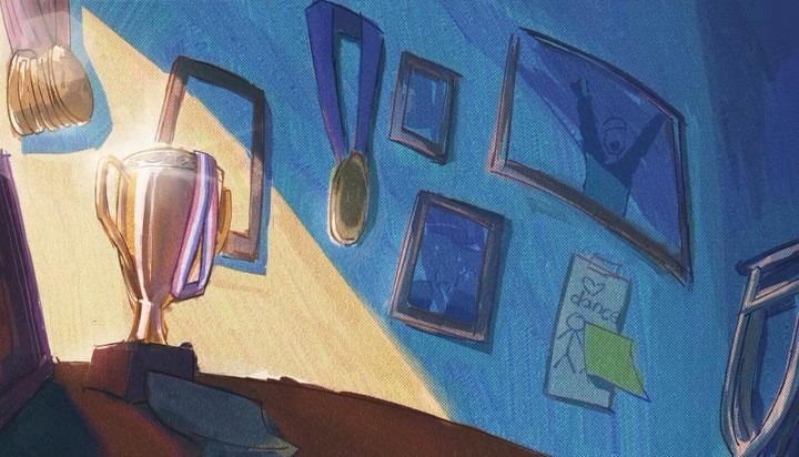 Animated still: a dusty trophy and medals on a wall in a dim room