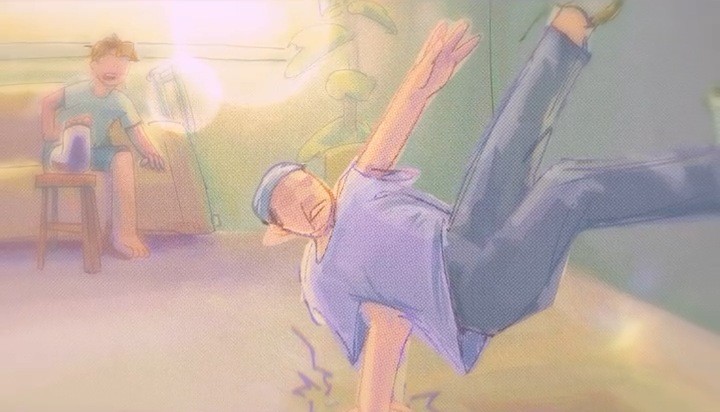 Animated still: a father dances in a sunlit living room while his son watches